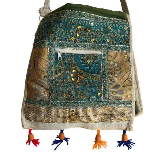 Dolls of India Jute Bag - green/teal/multi color - beads and sequence handbag - Picture 11 of 11
